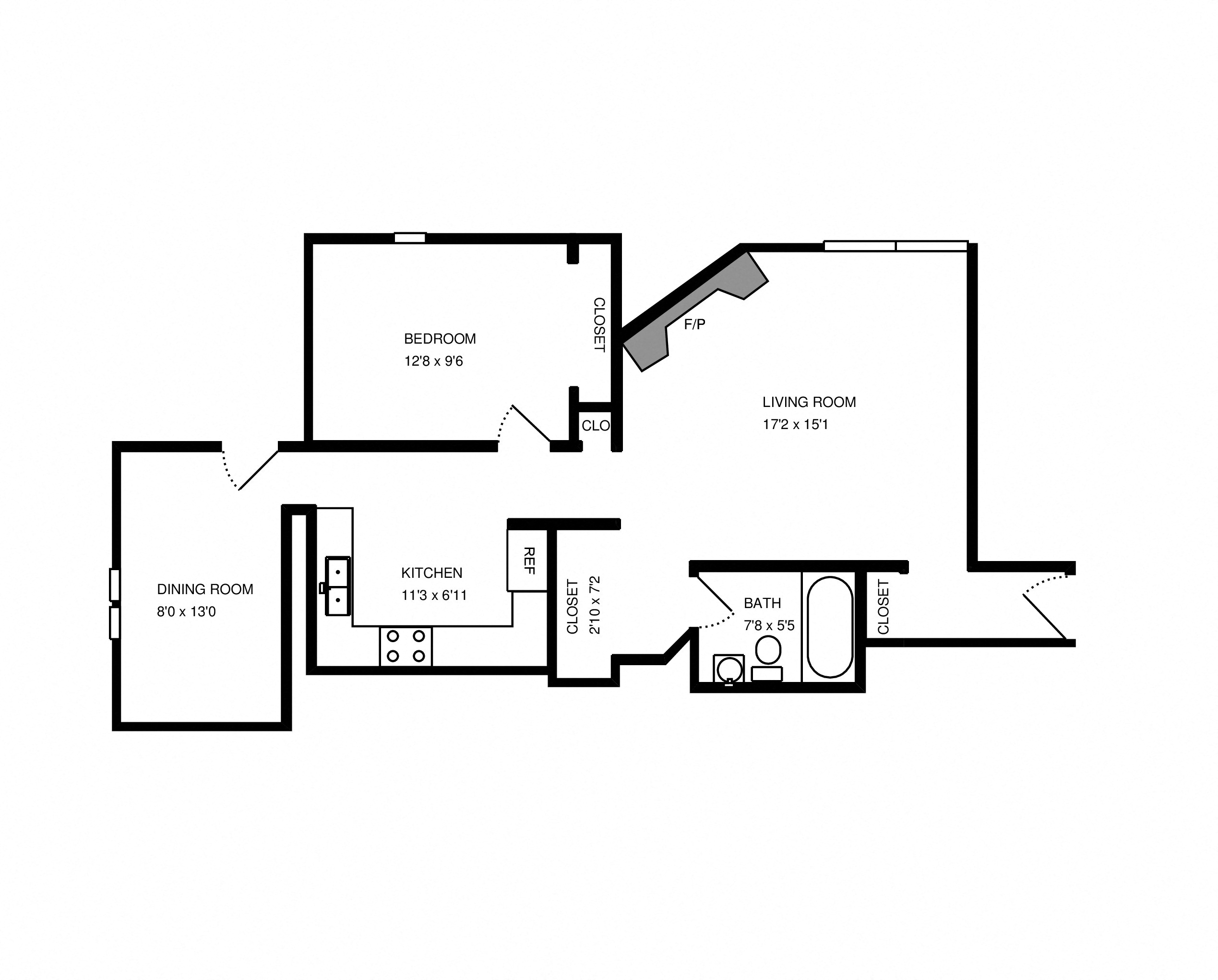 Floor plan for 1 bed, 1 bath, 726 sqft